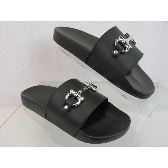 NIB FERRAGAMO GROOVY 11 BLACK RUBBER SILVER GANCINI BIT LOGO SANDALS SLIDES 11 M - Picture 6 of 13
